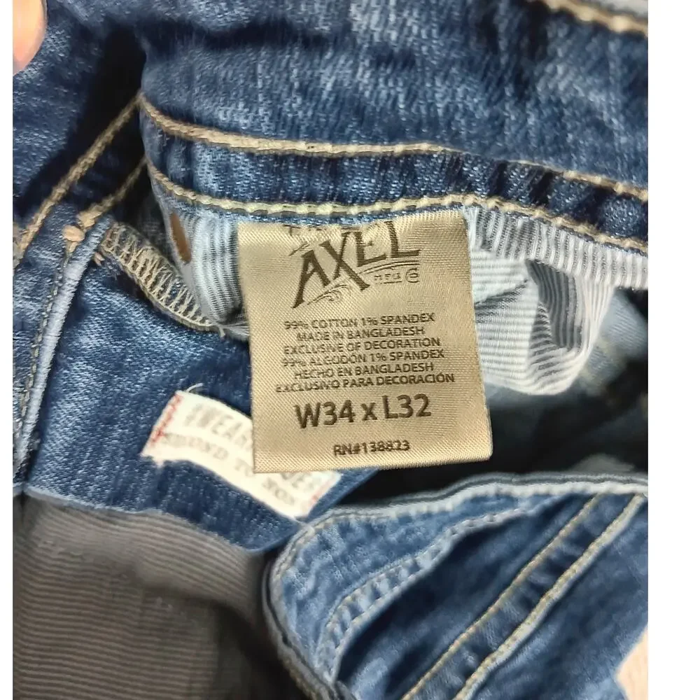 T.K. Axel Slim Boot Jeans Mens 34X31 Blue Embroidered Flaps Western Thick Stitch